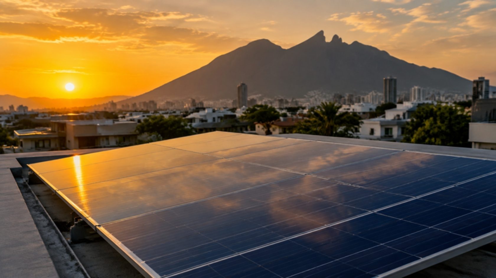 Paneles solares en un techo de Monterrey con el Cerro de la Silla