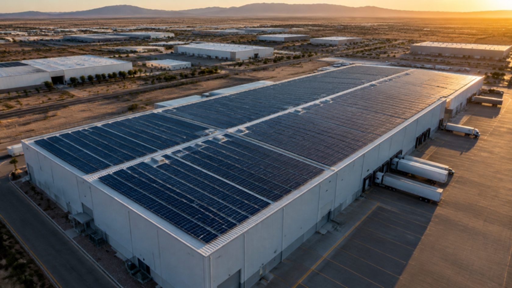 Nave industrial con techo cubierto de paneles solares