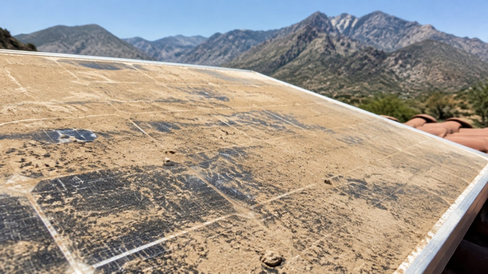 Panel solar cubierto de polvo con la sierra al fondo
